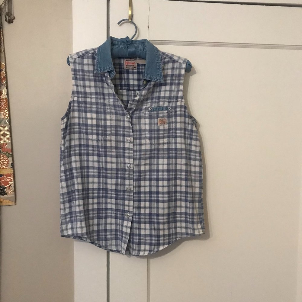 Vintage-1990s Kikomo Blue Jeans-Sleeveless Button-up-Medium